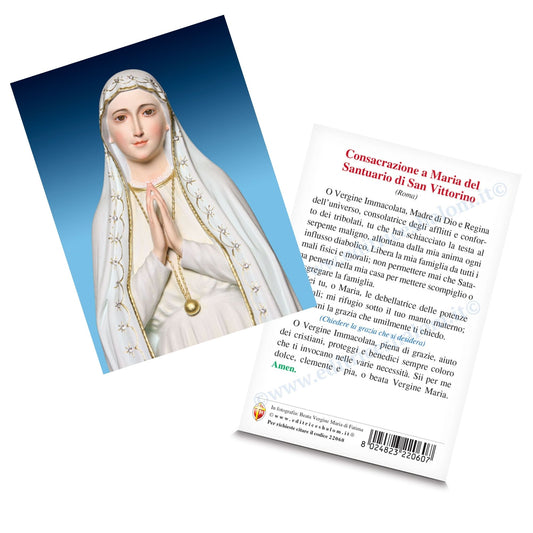 Cartolina Madonna di Fatima. Sul retro "Consacrazione a Maria del santuario di San Vittorino Roma"