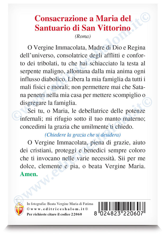 Cartolina Madonna di Fatima. Sul retro "Consacrazione a Maria del santuario di San Vittorino Roma"