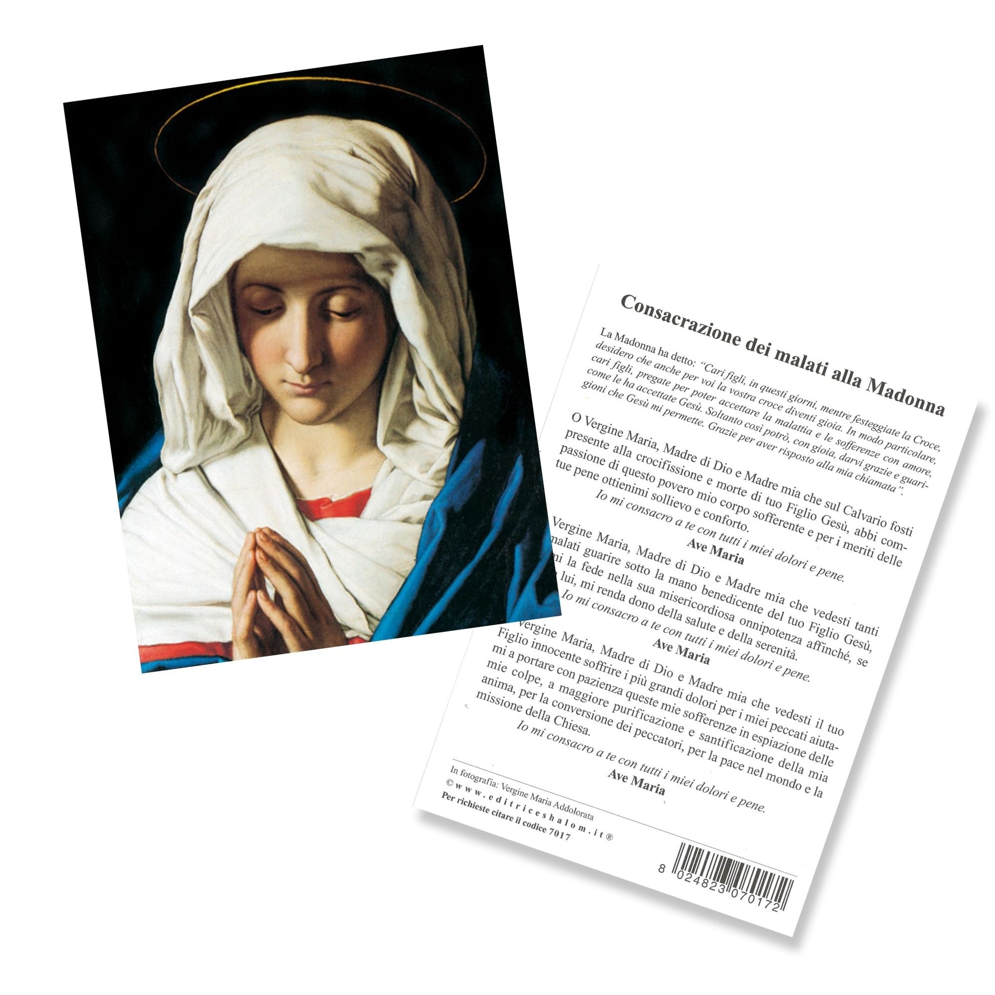 Cartolina Vergine Maria addolorata. Sul retro "Consacrazione dei malati alla Madonna"