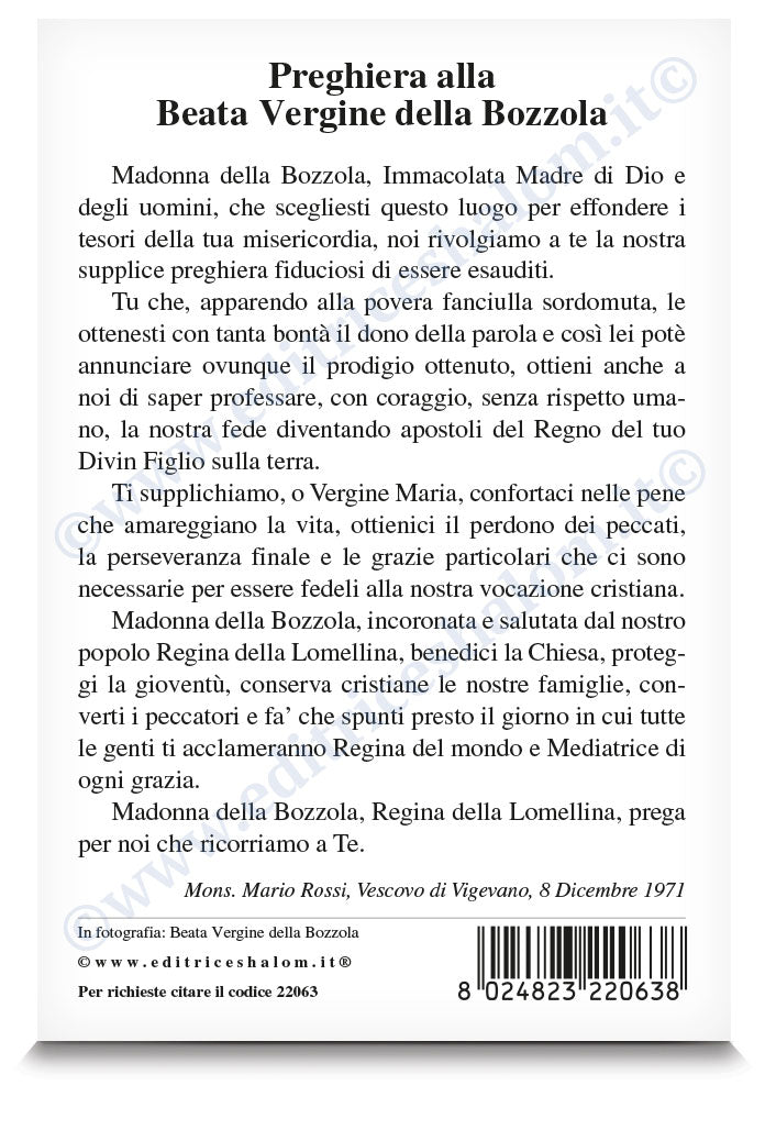 Cartolina beata Vergine della Bozzola. Sul retro "Preghiera alla beata Vergine della Bozzola"