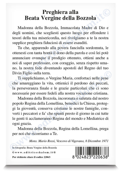 Cartolina beata Vergine della Bozzola. Sul retro "Preghiera alla beata Vergine della Bozzola"