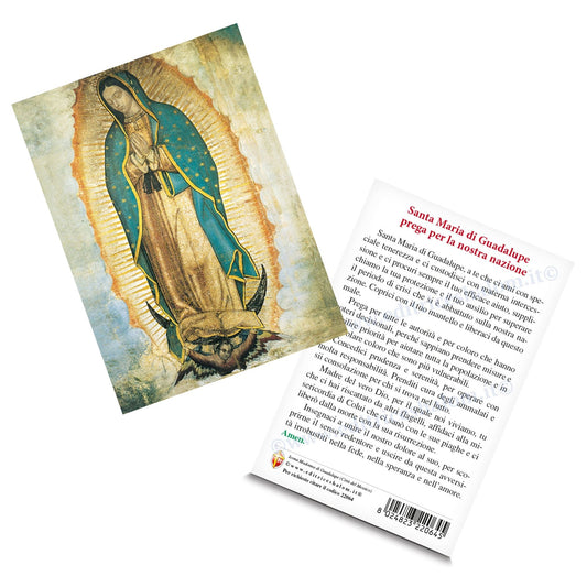 Cartolina icona Madonna di Guadalupe. Sul retro "Santa Maria di Guadalupe prega per la nostra nazione"