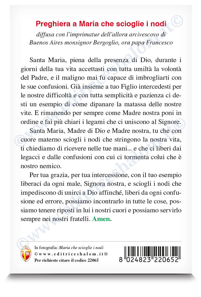 Cartolina Maria che scioglie i nodi Kownacki Dawid. Sul retro "Preghiera a Maria che scioglie i nodi"