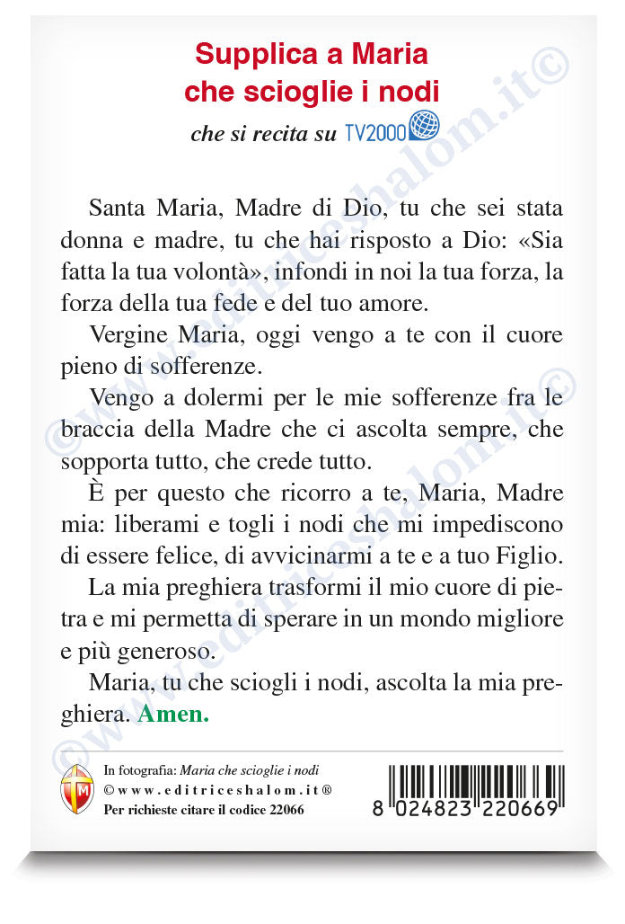 Cartolina Maria che scioglie i nodi Kownacki Dawid. Sul retro "Supplica a Maria che scioglie i nodi" che si recita su Tv2000