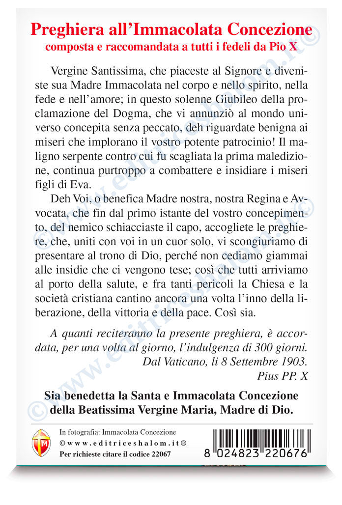 Cartolina Assunta. Sul retro "Preghiera all'Immacolata Concezione di Pio X"