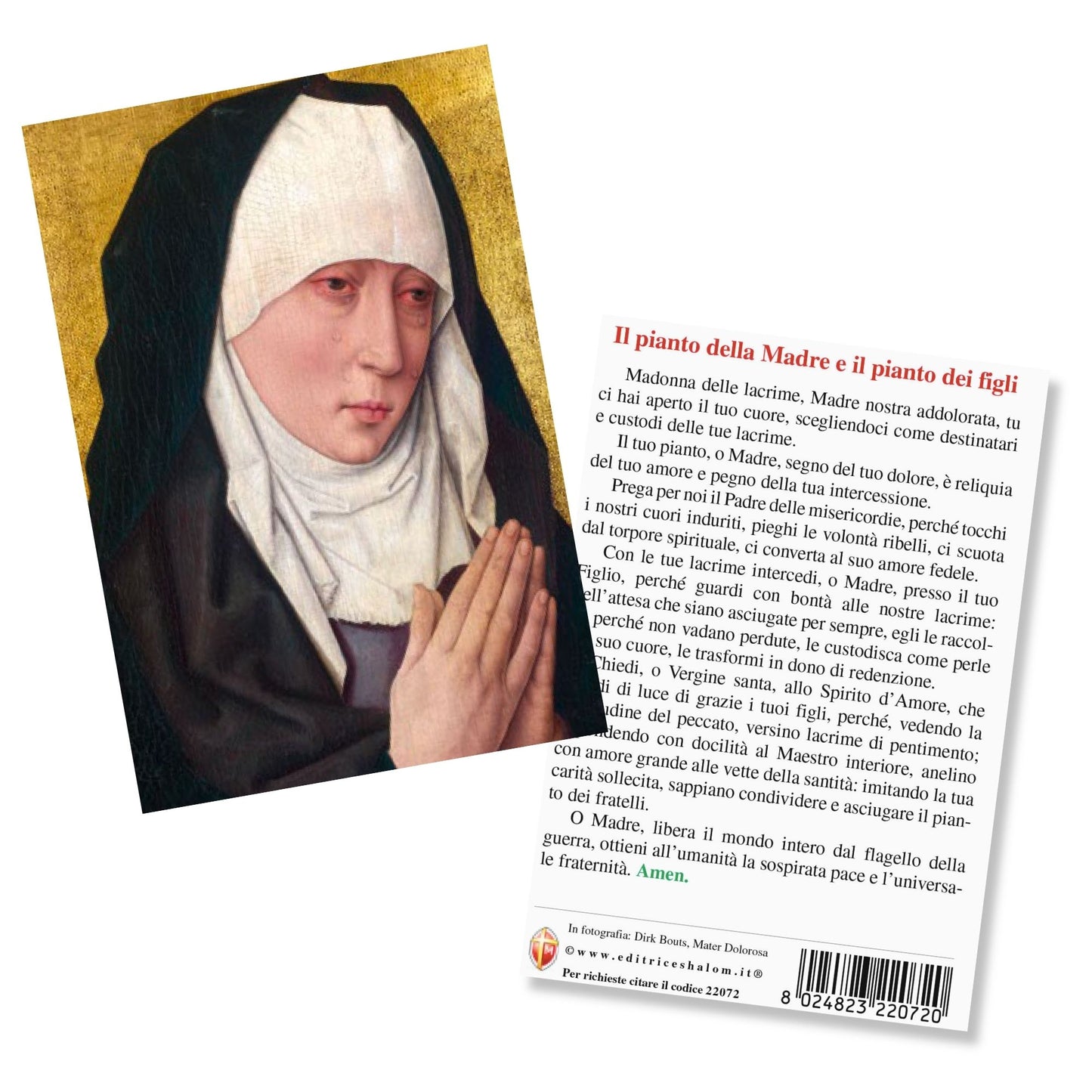 Cartolina Mater Dolorosa. Retro "Il pianto della Madre e il pianto dei figli" 
