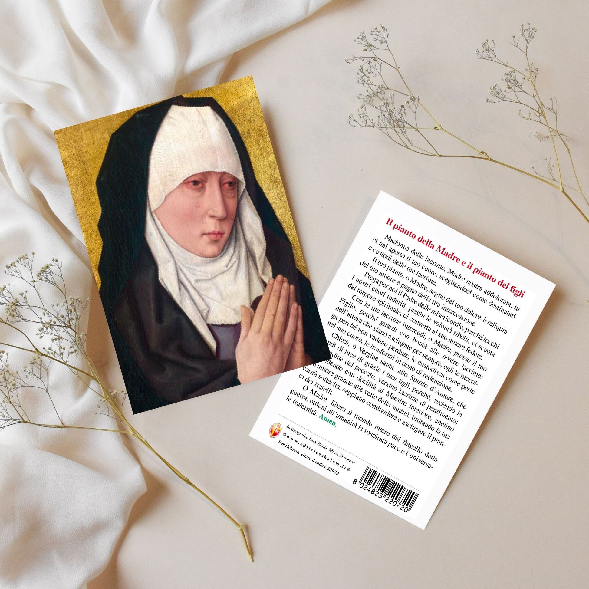 Cartolina Mater Dolorosa. Retro "Il pianto della Madre e il pianto dei figli" 
