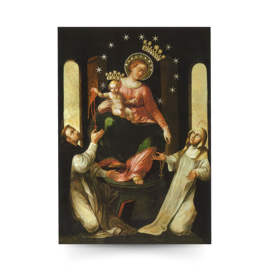 Cartolina Madonna del Rosario di Pompei. Retro "Preghiera a san Domenico e a santa Caterina da Siena"
