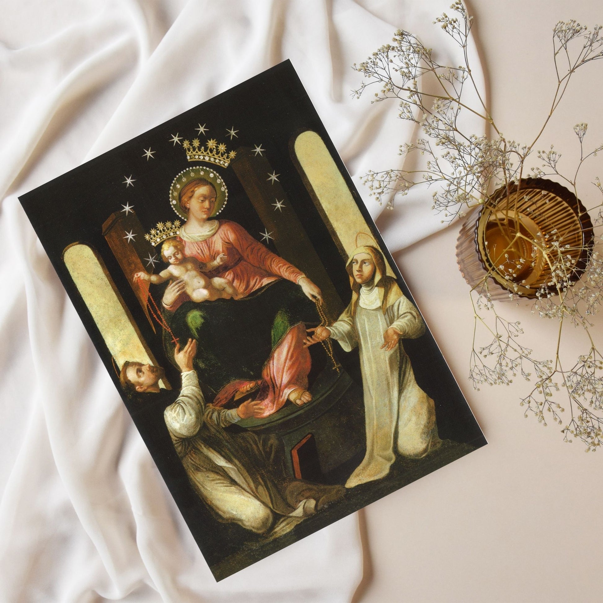 Cartolina Madonna del Rosario di Pompei. Retro "Preghiera a san Domenico e a santa Caterina da Siena"

