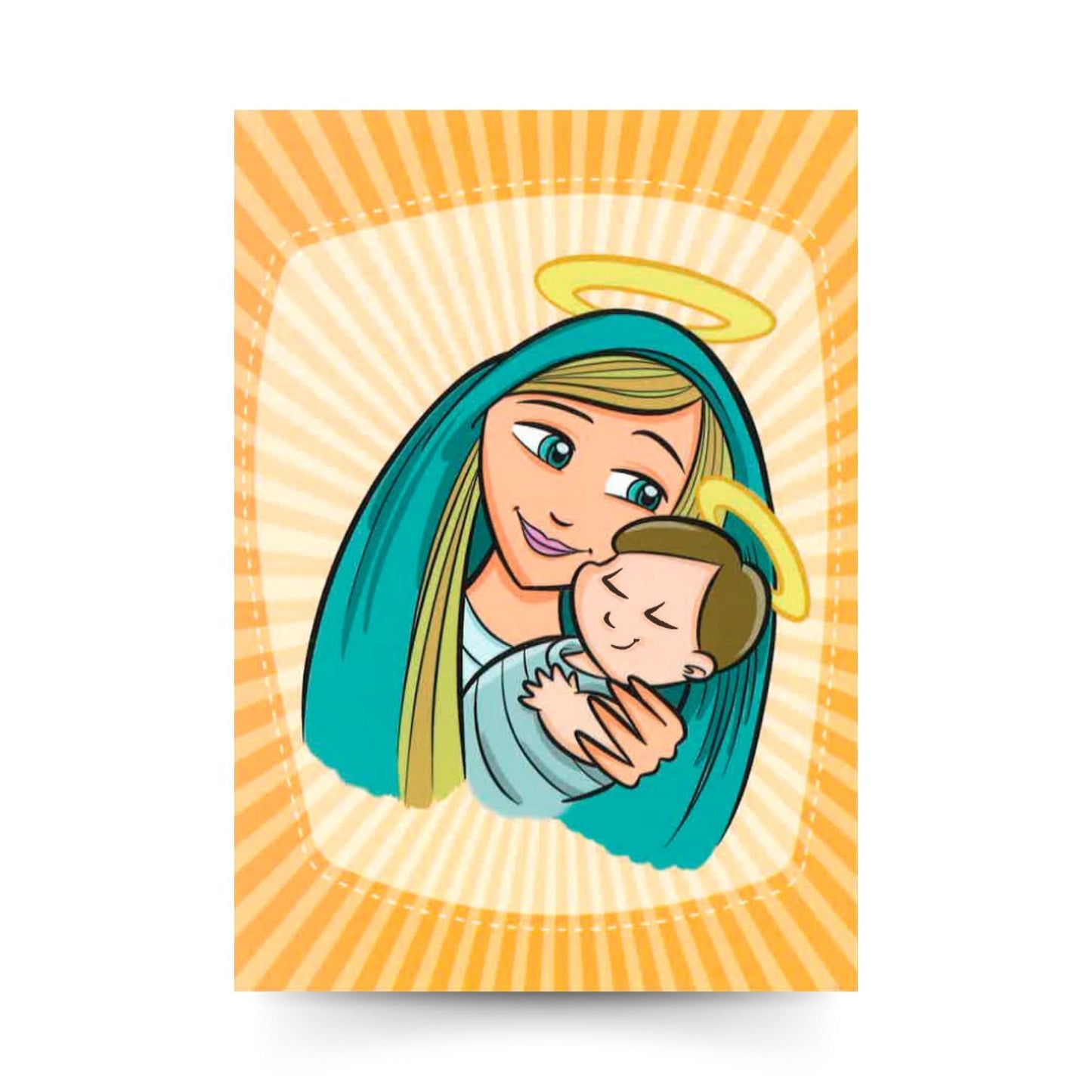 Cartolina Madonna con bambino - linea bimbo. Sul retro preghiera "Ave Maria.."