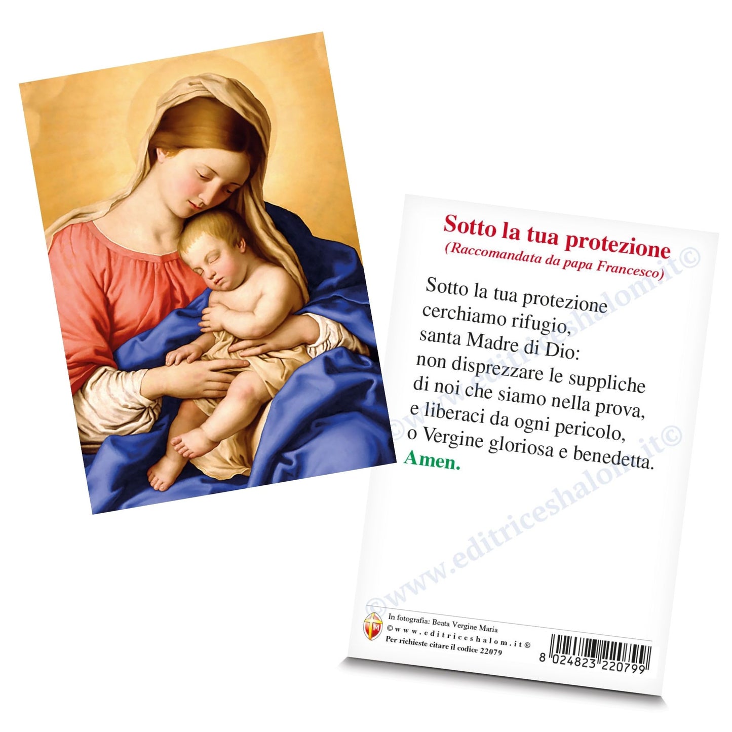 Cartolina Madonna con Bambino. Sul retro preghiera "Sotto la Tua protezione...", raccomandata da Papa Francesco