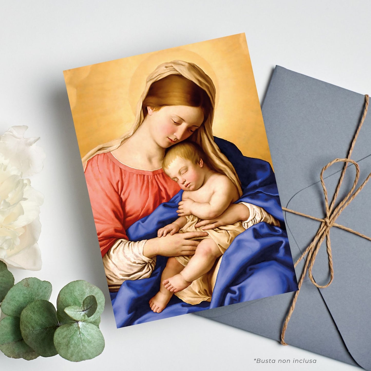 Cartolina Madonna con Bambino. Sul retro preghiera "Sotto la Tua protezione...", raccomandata da Papa Francesco