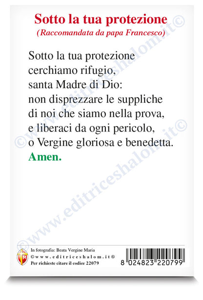 Cartolina Madonna con Bambino. Sul retro preghiera "Sotto la Tua protezione...", raccomandata da Papa Francesco
