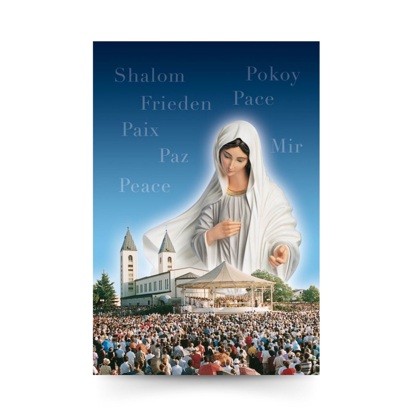 Cartolina Regina della pace di Medjugorje con santuario. Sul retro  "Sette Pater, Ave, Gloria"