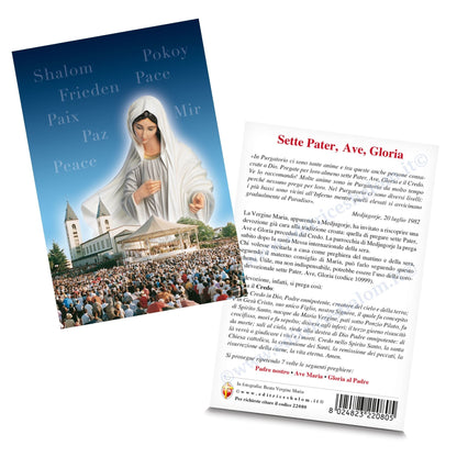 Cartolina Regina della pace di Medjugorje con santuario. Sul retro  "Sette Pater, Ave, Gloria"