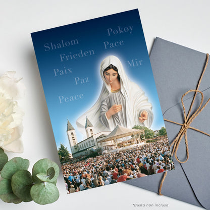 Cartolina Regina della pace di Medjugorje con santuario. Sul retro  "Sette Pater, Ave, Gloria"