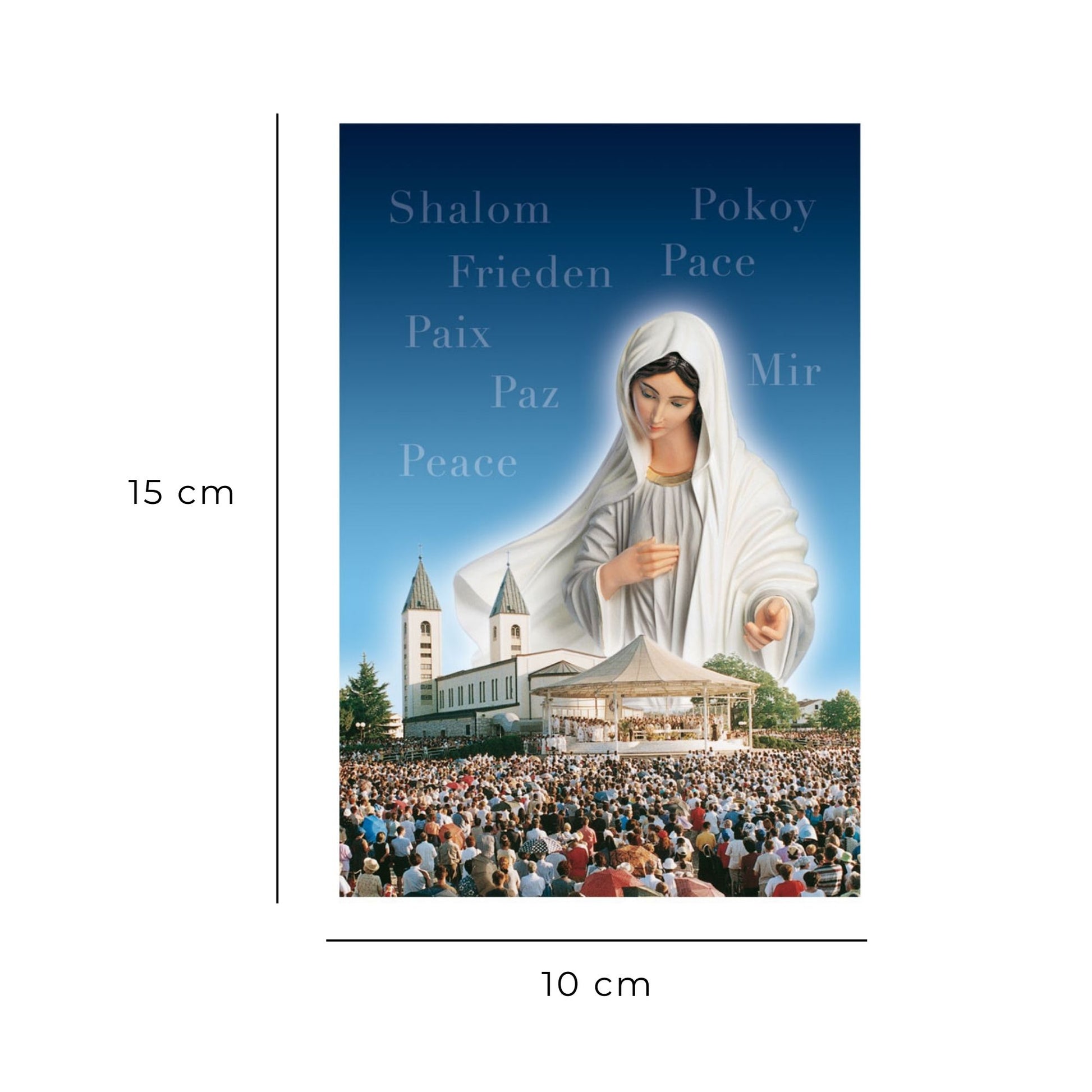 Cartolina Regina della pace di Medjugorje con santuario. Sul retro  "Sette Pater, Ave, Gloria"