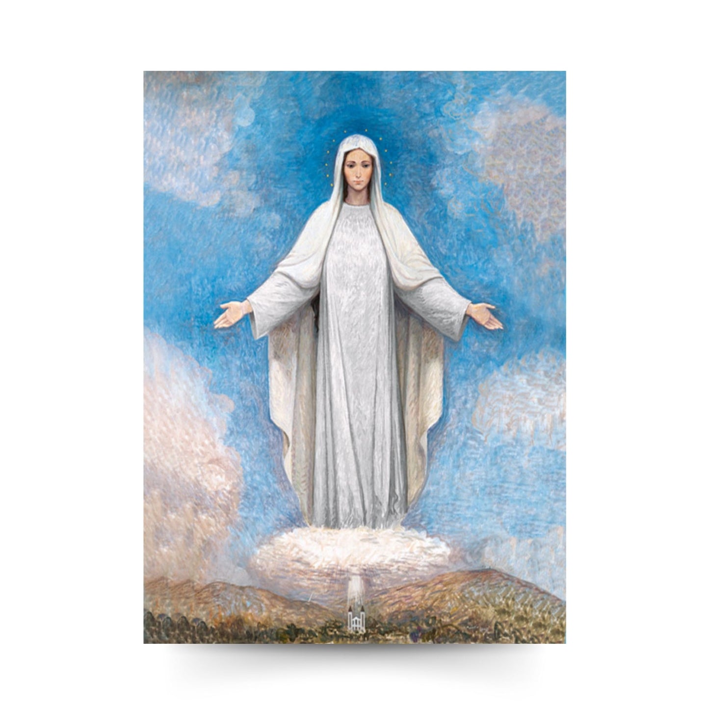 Cartolina dipinto Regina della pace di Medjugorje. Sul retro "Preghiera di consacrazione al cuore immacolato di Maria"