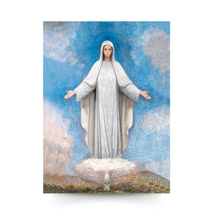 Cartolina dipinto Regina della pace di Medjugorje. Sul retro "Preghiera di consacrazione al cuore immacolato di Maria"