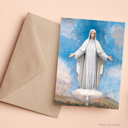 Cartolina dipinto Regina della pace di Medjugorje. Sul retro "Preghiera di consacrazione al cuore immacolato di Maria"