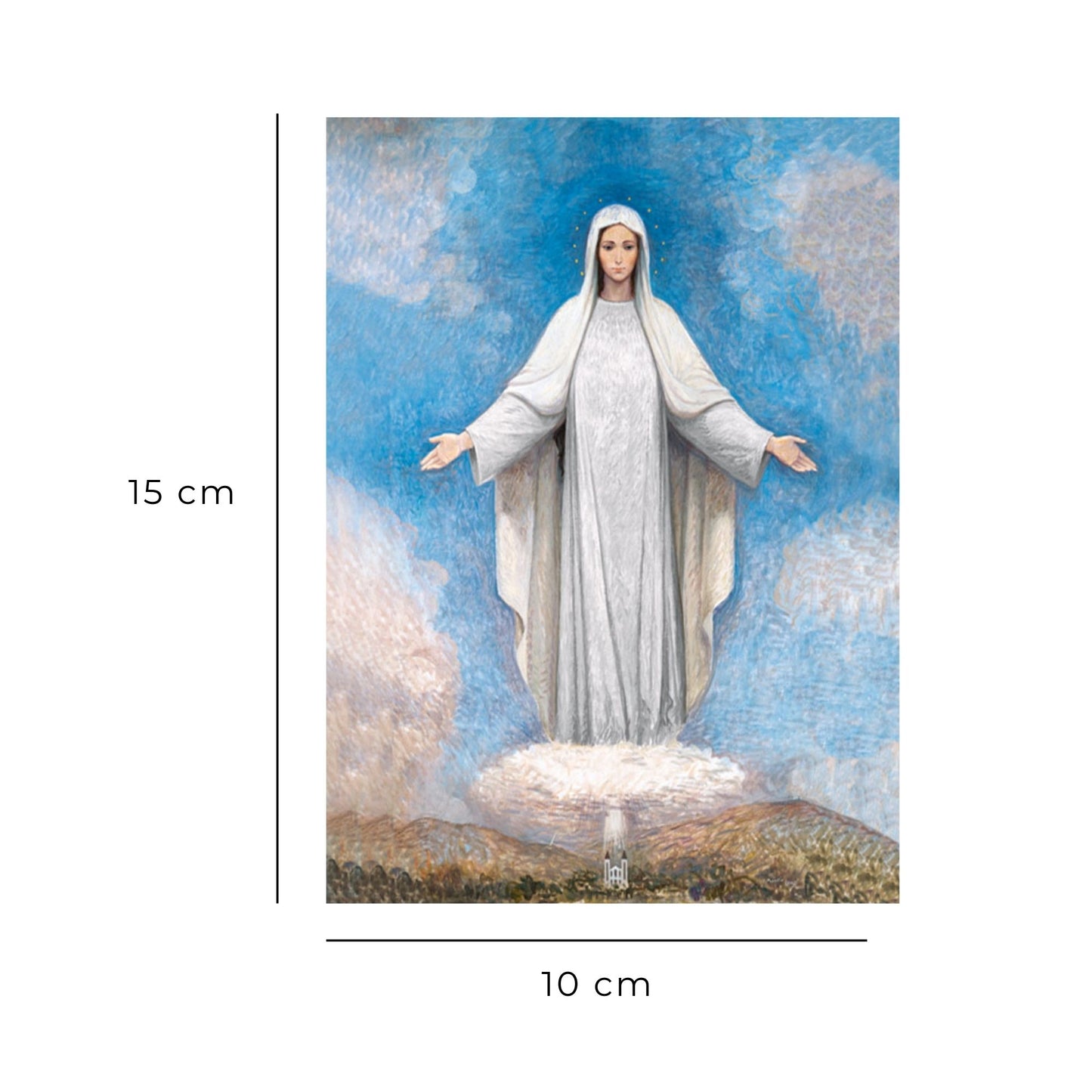 Cartolina dipinto Regina della pace di Medjugorje. Sul retro "Preghiera di consacrazione al cuore immacolato di Maria"