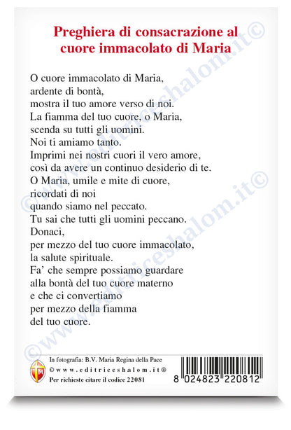 Cartolina dipinto Regina della pace di Medjugorje. Sul retro "Preghiera di consacrazione al cuore immacolato di Maria"