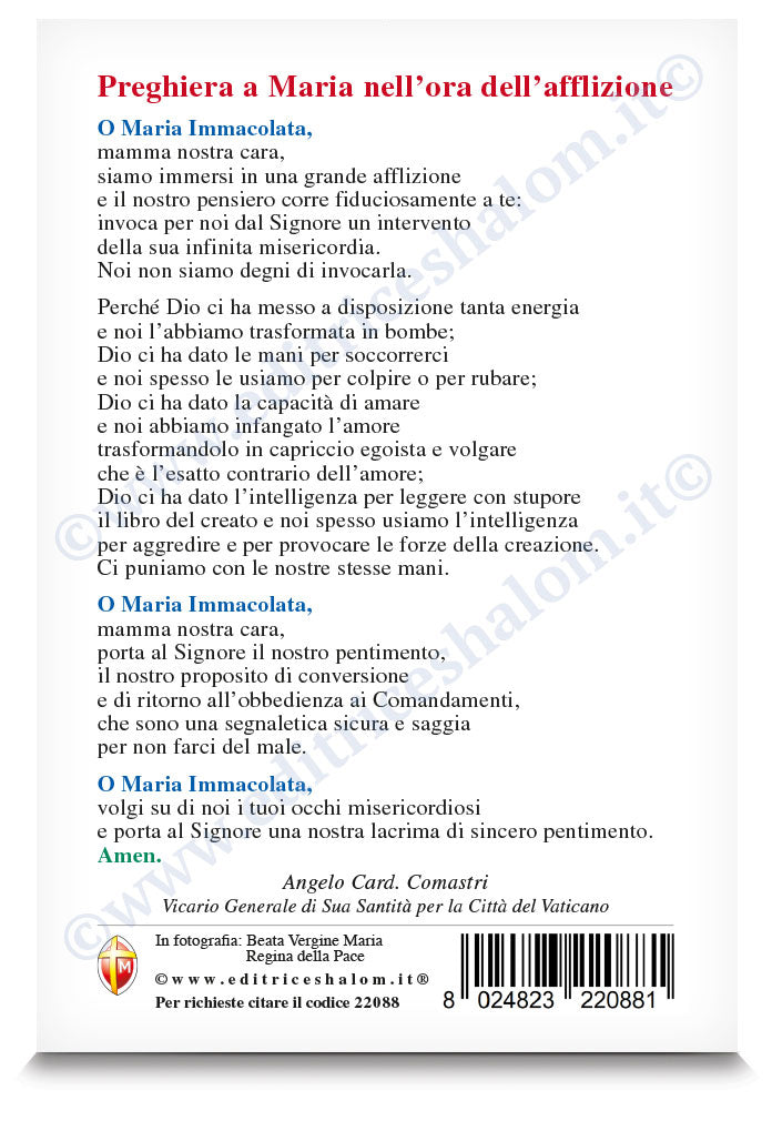 Cartolina Regina della Pace con preghiera a Maria nell'ora dell'afflizione