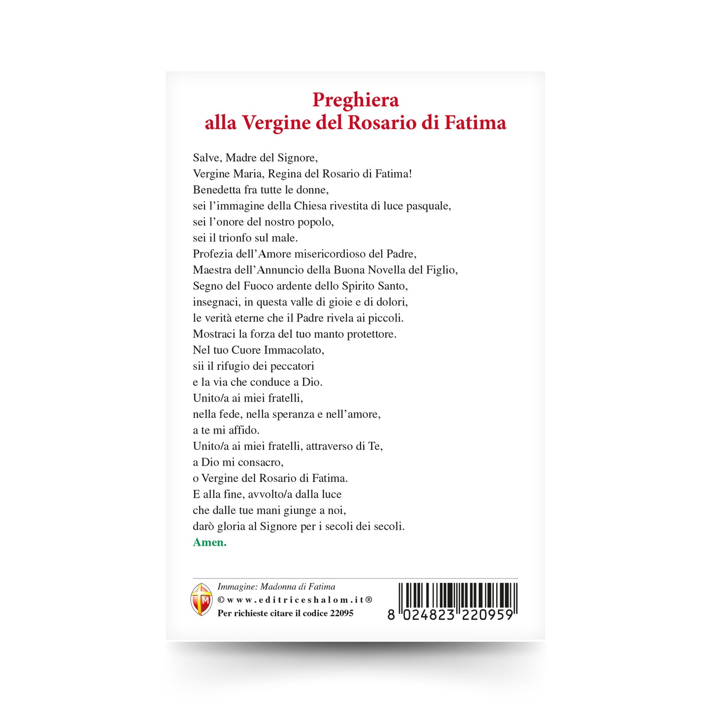 Cartolina Madonna di Fatima con retro "Preghiera alla Vergine del Rosario di Fatima"
