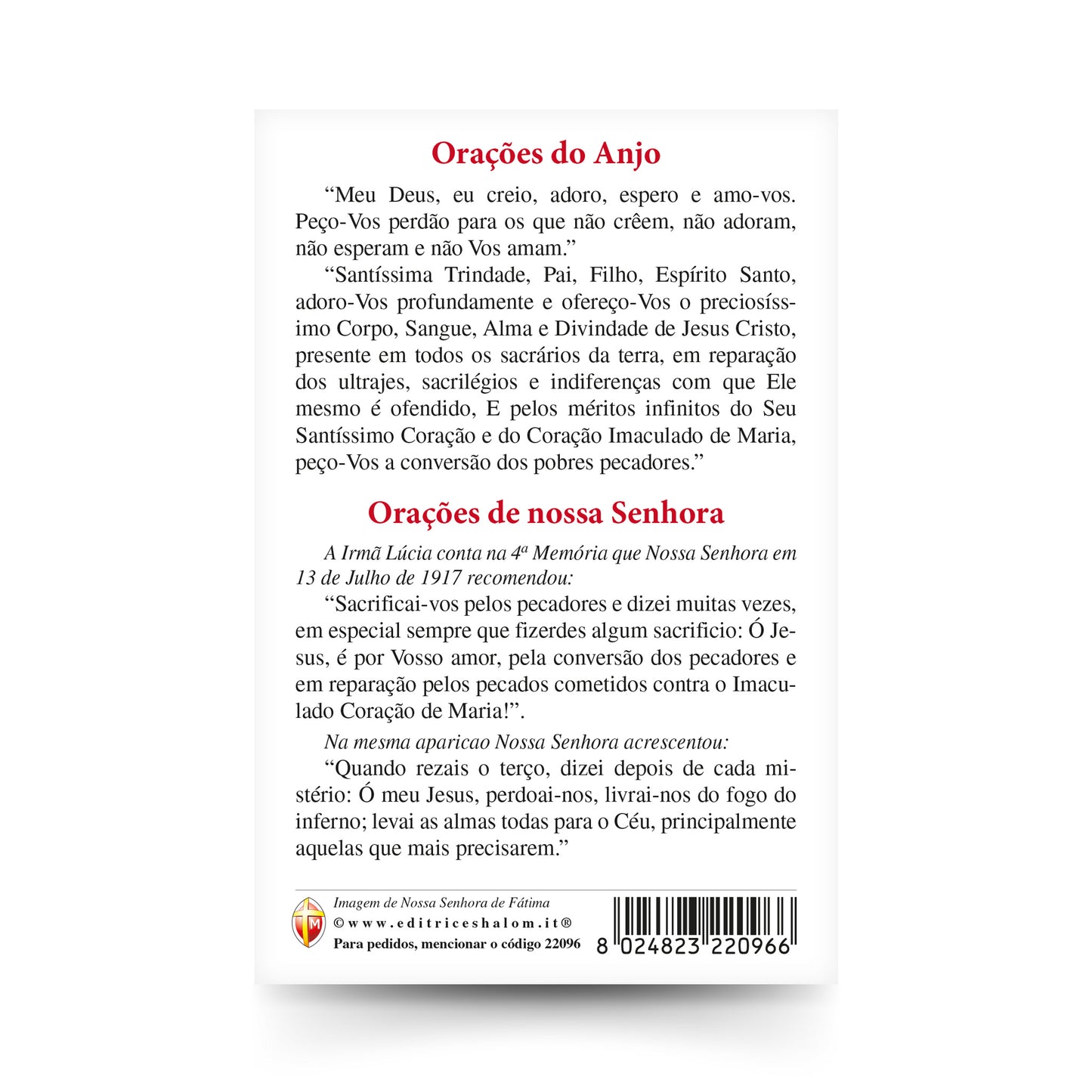 Cartolina Madonna di Fatima con retro "Oracoes do Anjo" e "Oracoes de nossa Senhora"