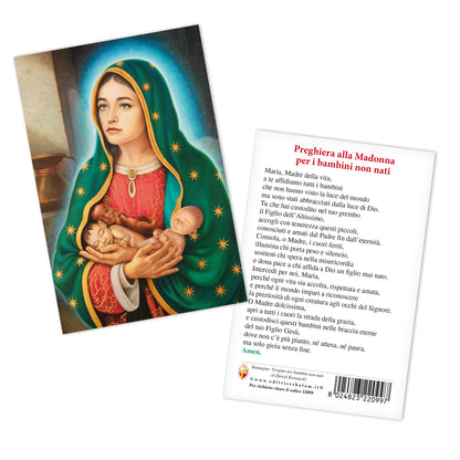 Cartolina Vergine dei bambini non nati. Sul retro Preghiera alla Madonna per i bambini non nati