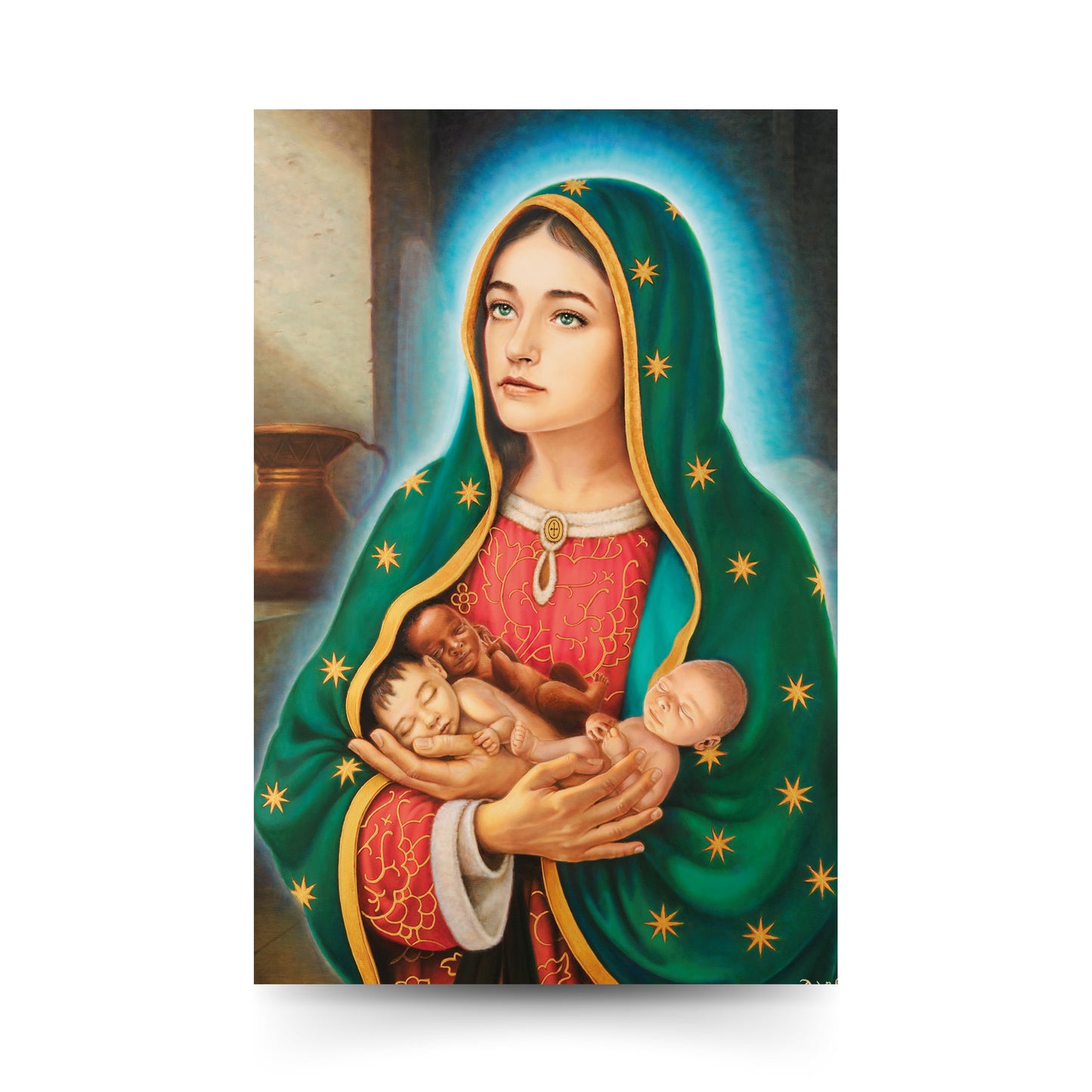 Cartolina Vergine dei bambini non nati. Sul retro Preghiera alla Madonna per i bambini non nati