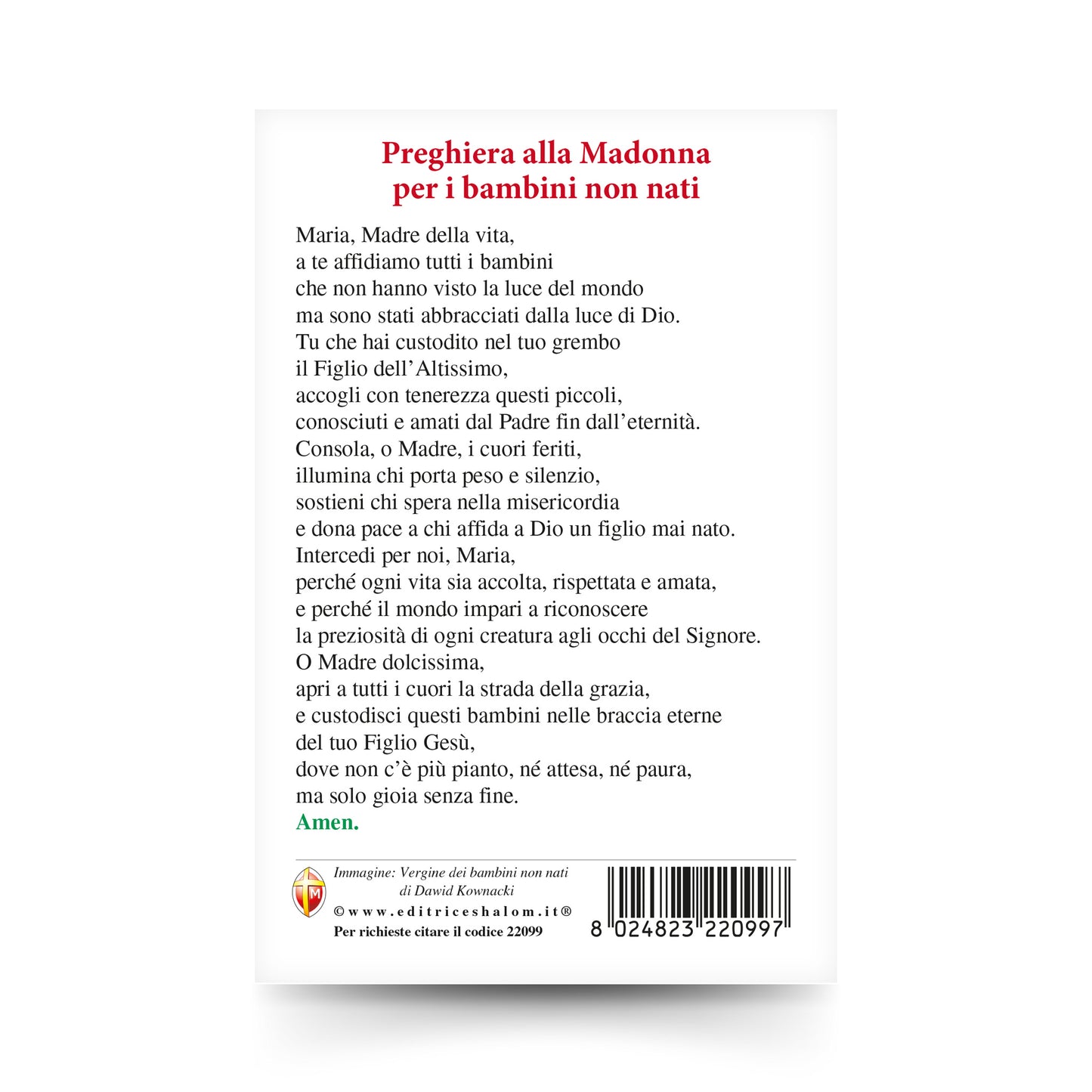 Cartolina Vergine dei bambini non nati. Sul retro Preghiera alla Madonna per i bambini non nati