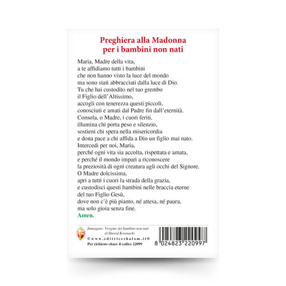 Cartolina Vergine dei bambini non nati. Sul retro Preghiera alla Madonna per i bambini non nati