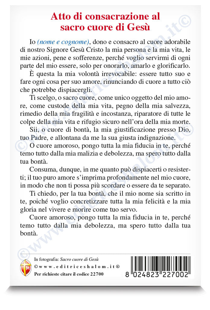 Cartolina sacro cuore di Gesù. Sul retro "Consacrazione al sacro cuore di Gesù"
