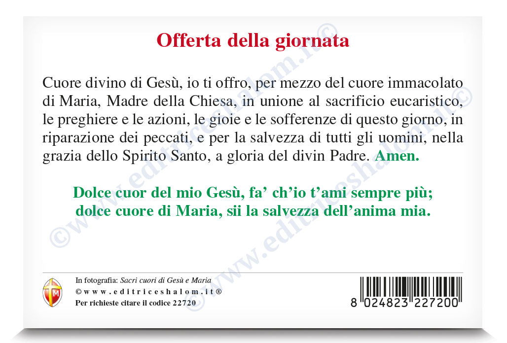 Cartolina sacri cuori di Gesù e Maria. Sul retro "Offerta della giornata"