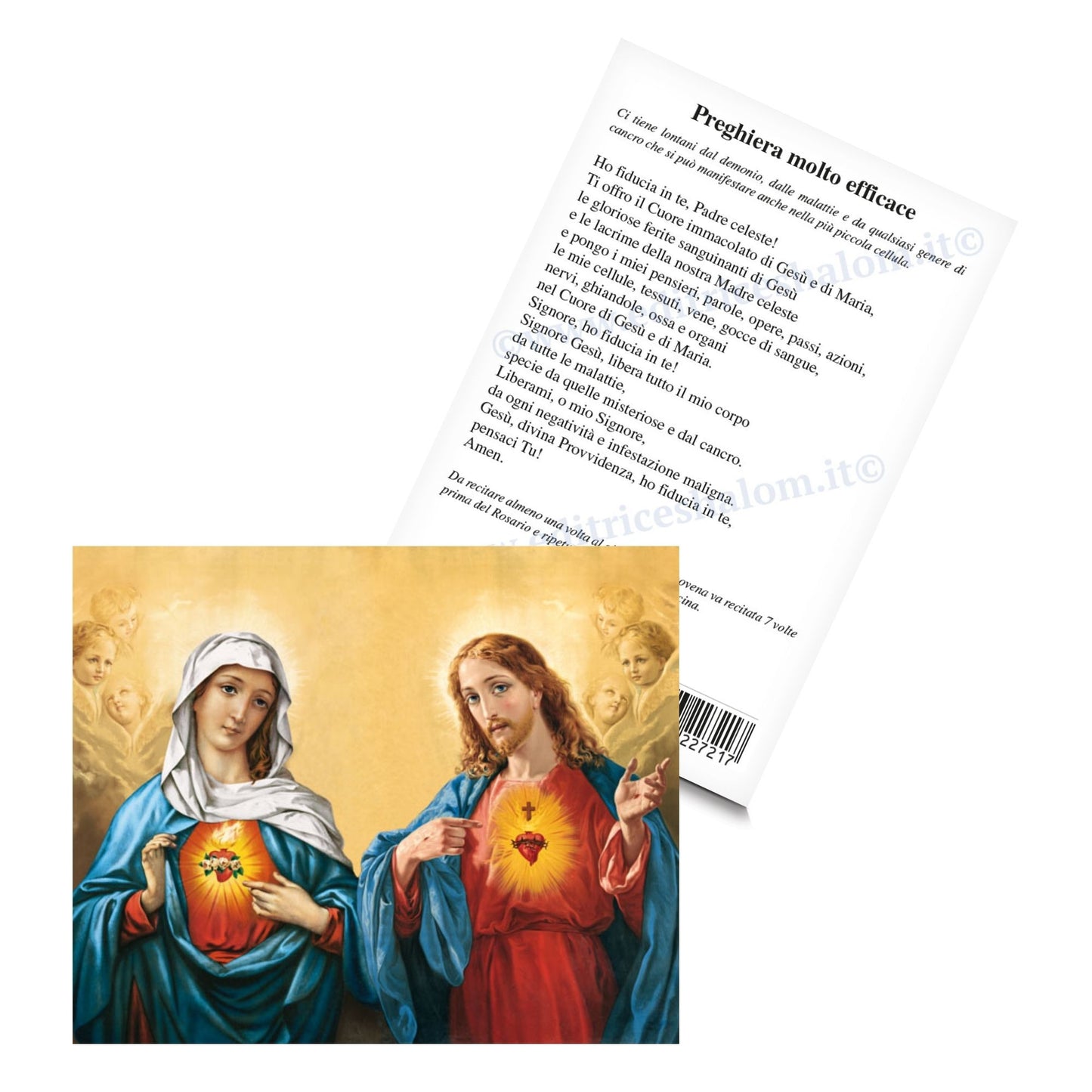 Cartolina sacri cuori di Gesù e Maria. Sul retro "Preghiera molto efficace"