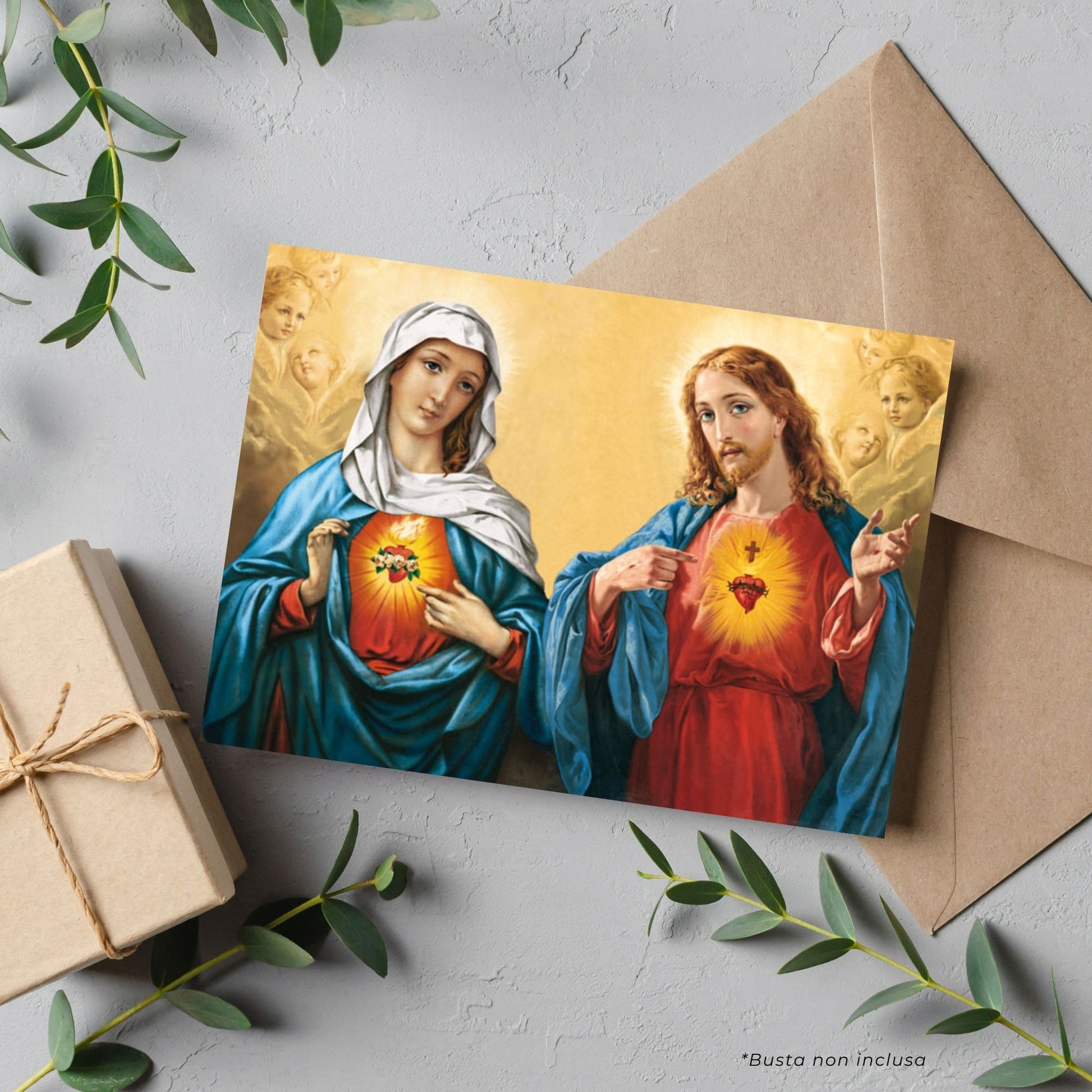 Cartolina sacri cuori di Gesù e Maria. Sul retro "Preghiera molto efficace"