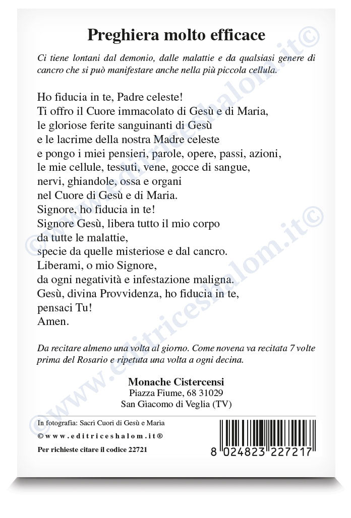 Cartolina sacri cuori di Gesù e Maria. Sul retro "Preghiera molto efficace"