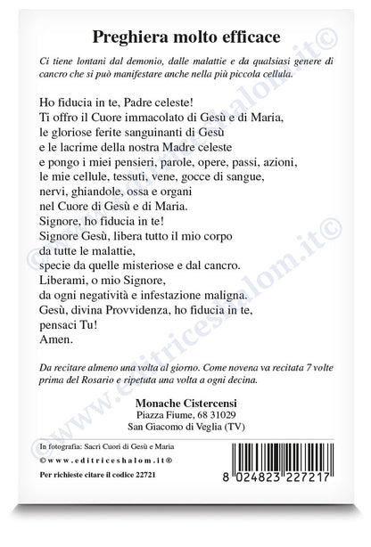 Cartolina sacri cuori di Gesù e Maria. Sul retro "Preghiera molto efficace"