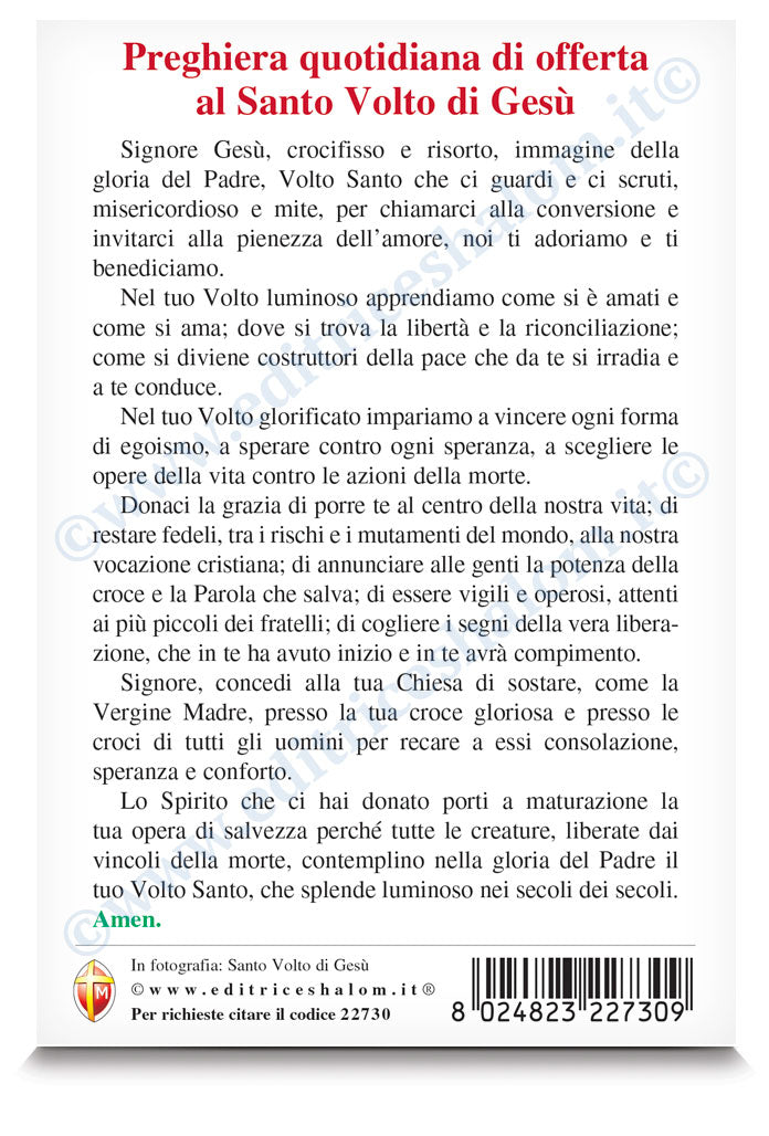 Cartolina Volto santo di Gesù. Sul retro "Preghiera quotidiana di offerta al Volto santo"