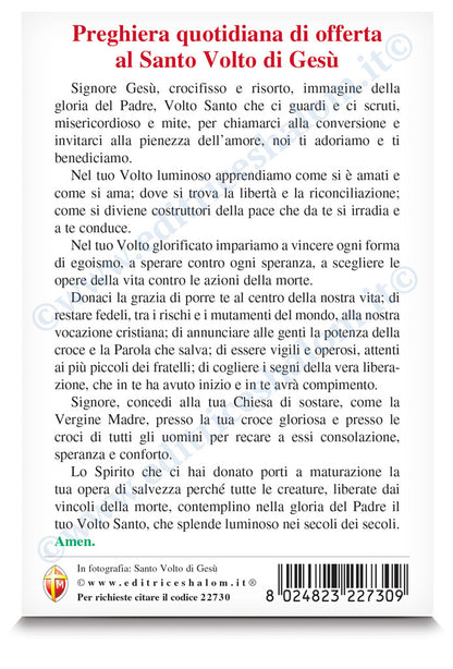 Cartolina Volto santo di Gesù. Sul retro "Preghiera quotidiana di offerta al Volto santo"