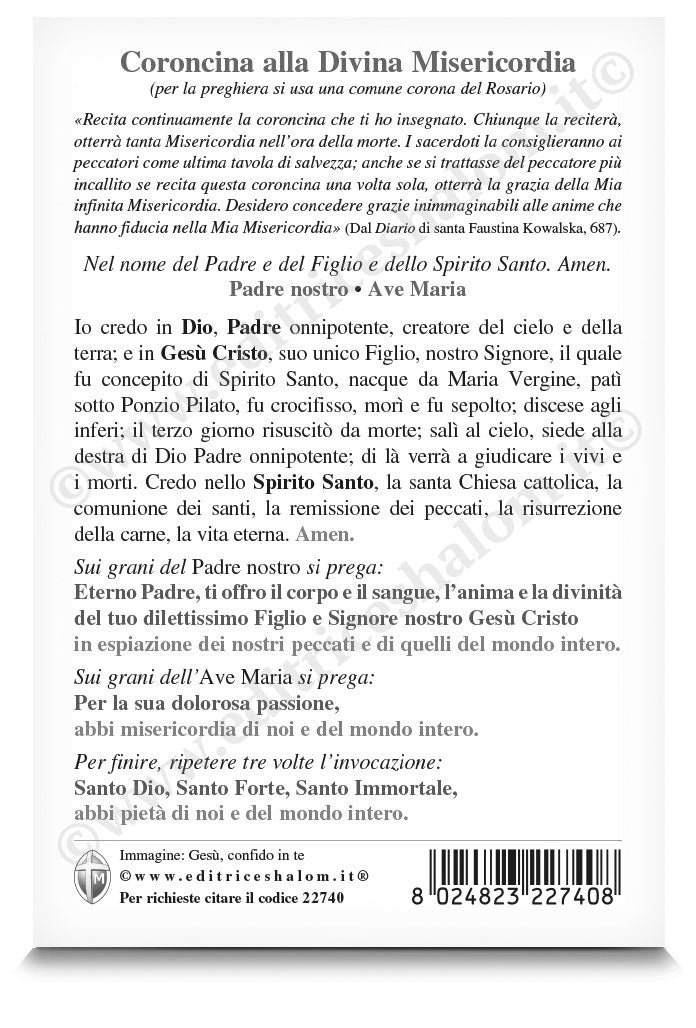 Cartolina Gesù confido in te. Sul retro "Coroncina alla divina misericordia"