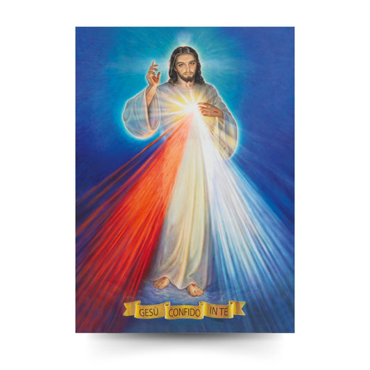 Cartolina Gesù confido in te di Dawid Kownacki. Sul retro "Coroncina Divina Misericordia"