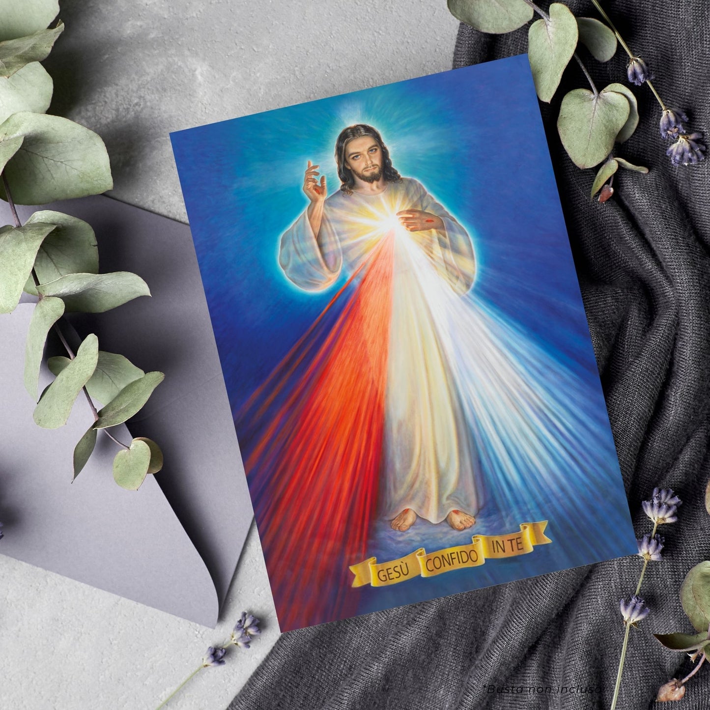 Cartolina Gesù confido in te di Dawid Kownacki. Sul retro "Coroncina Divina Misericordia"