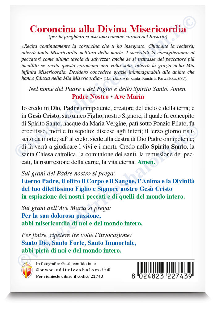 Cartolina Gesù confido in te di Dawid Kownacki. Sul retro "Coroncina Divina Misericordia"