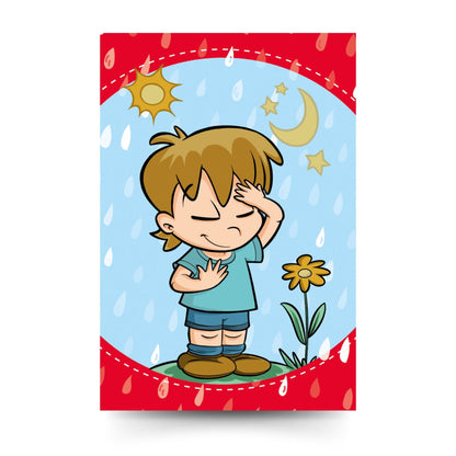 Cartolina immagine bambino che prega con retro Atto di Dolore - per bambini