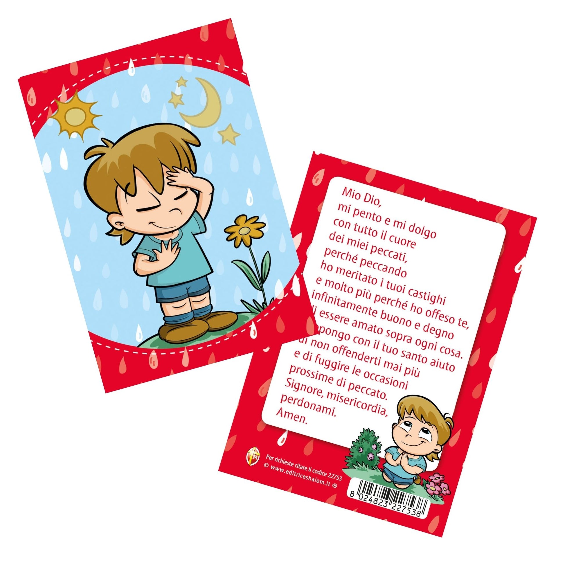 Cartolina immagine bambino che prega con retro Atto di Dolore - per bambini