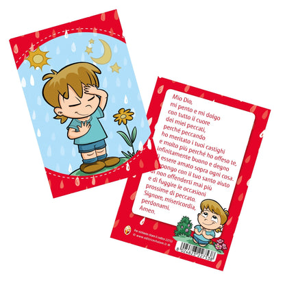 Cartolina immagine bambino che prega con retro Atto di Dolore - per bambini