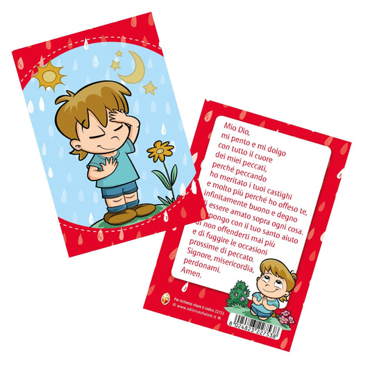 Cartolina immagine bambino che prega con retro Atto di Dolore - per bambini