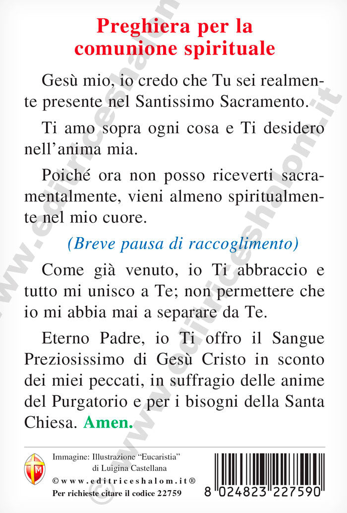 Cartolina con illustrazione ?Eucaristia" e retro ?Preghiera per la comunione spirituale?.
